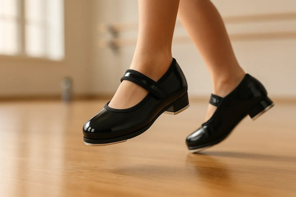 Child wearing Linodes Kids vegan PU leather Velcro tap shoes mid-tap on a wooden studio floor, showing secure fit and clear aluminum taps