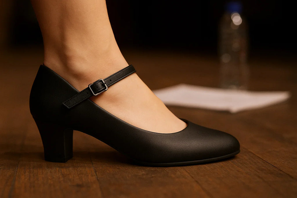 Young performer’s foot in black 1.5-inch heel character shoe on a wooden stage floor with properly fastened ankle strap