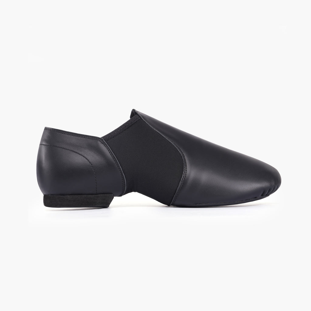 Inner side of Linodes black adult jazz shoes showing stretch neoprene panel