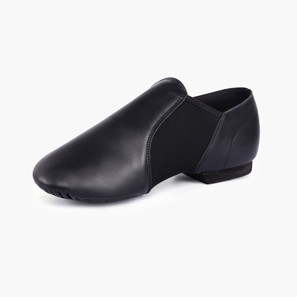 Side view of Linodes adult black slip-on jazz shoes with neoprene arch support