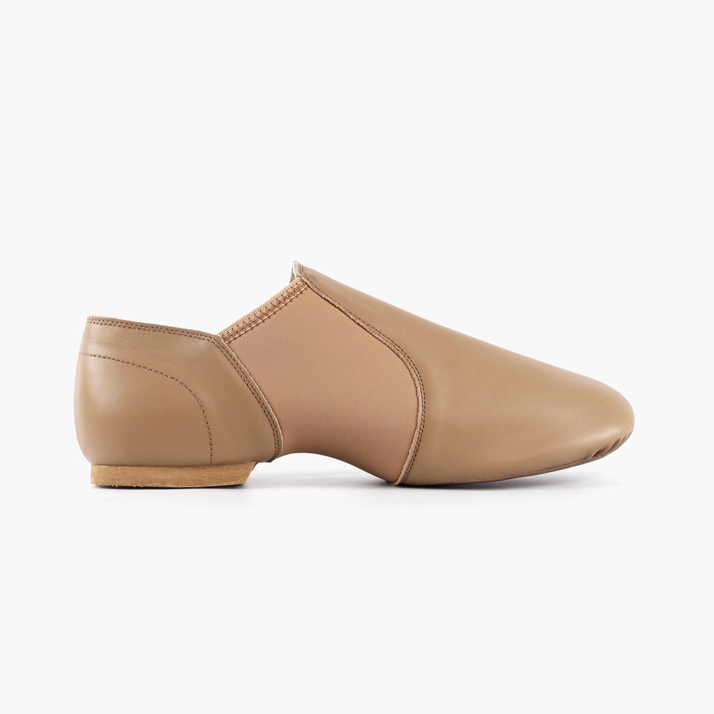 Inner side of Linodes tan adult jazz shoes showing stretch neoprene insert