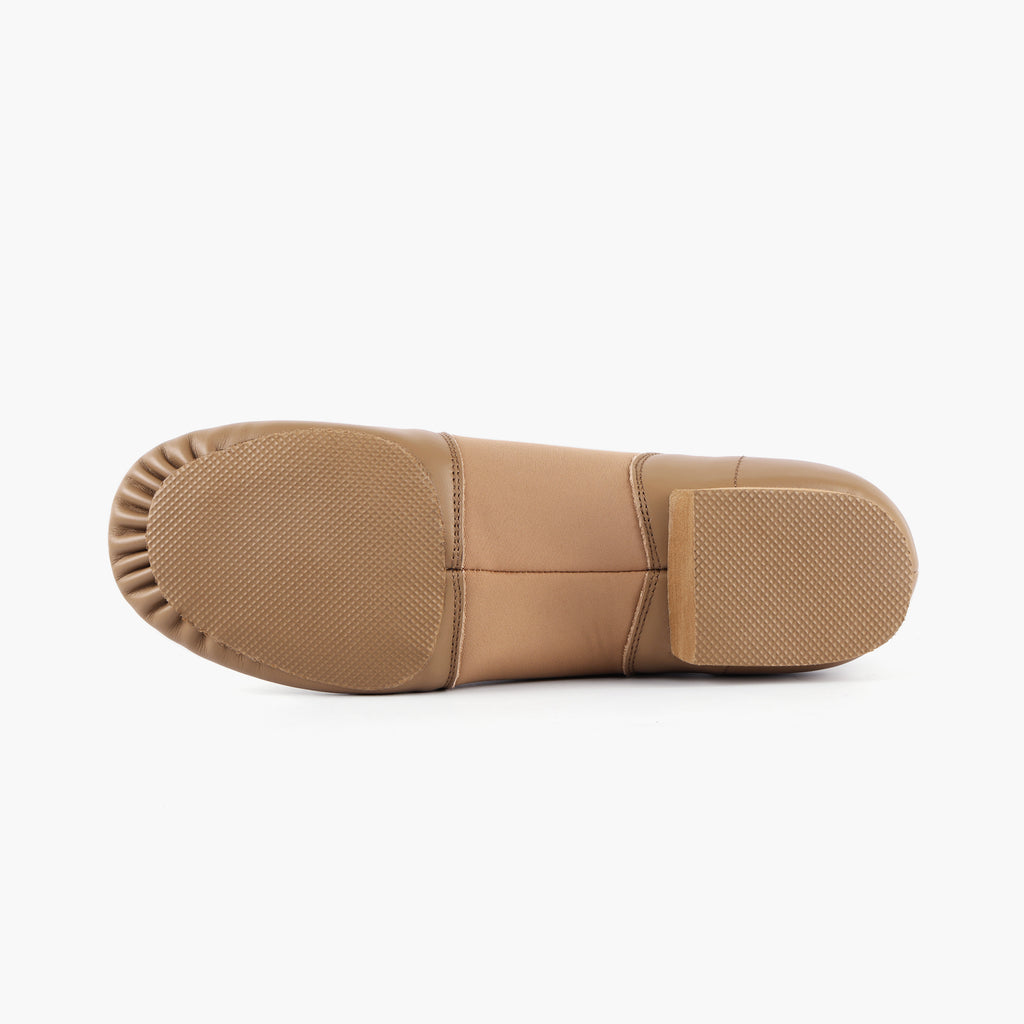 Outsole of Linodes tan jazz shoes with split-sole rubber patches