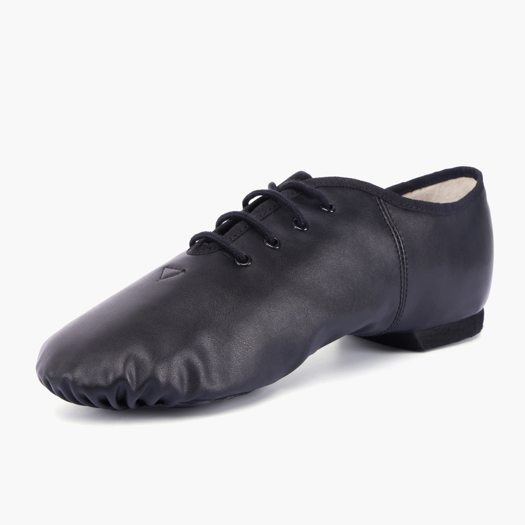 Linodes black jazz shoes showing stretch arch panel and lace-up closure