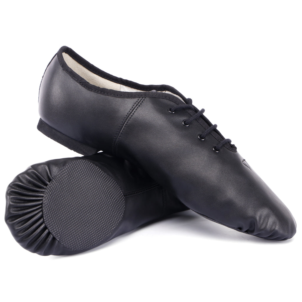 Pair of Linodes adult black PU leather lace-up split-sole jazz shoes