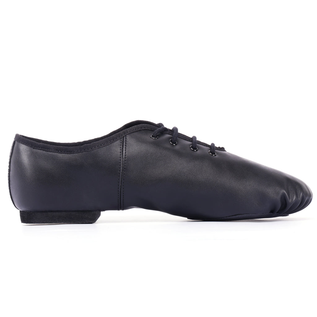 Side view of Linodes adult unisex black PU leather lace-up split-sole jazz shoes