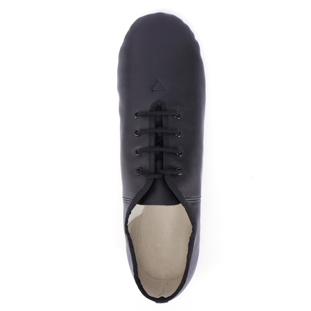 Top view of Linodes black lace-up jazz shoes with PU leather upper