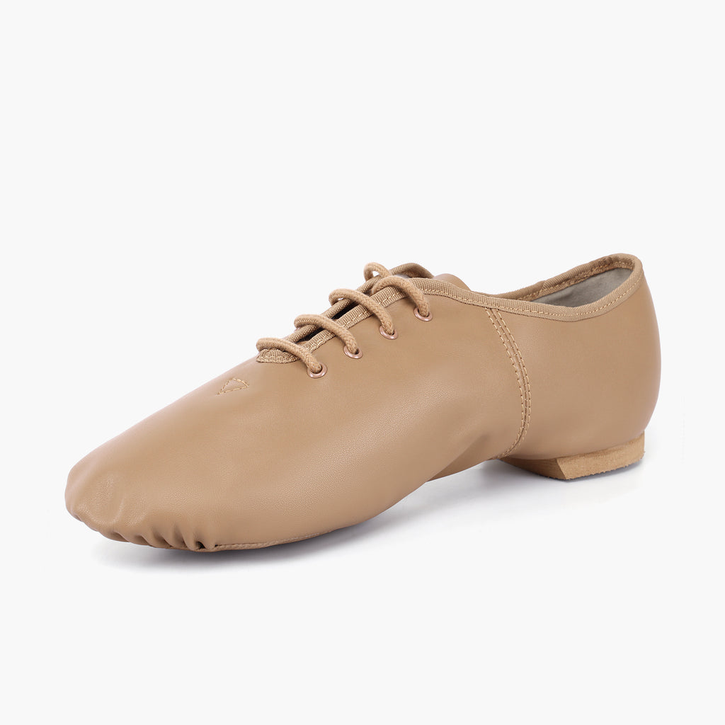 Linodes tan jazz shoes highlighting stretch arch panel and lace-up fit