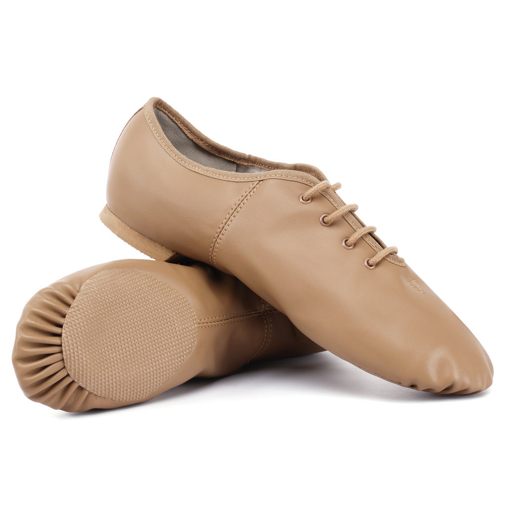 Pair of Linodes adult tan PU leather lace-up split-sole jazz shoes
