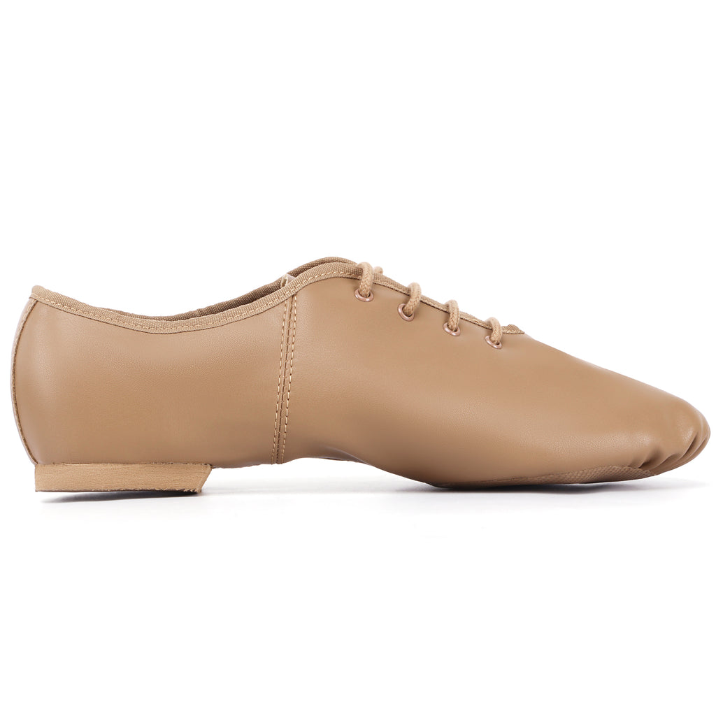 Side view of Linodes adult unisex tan PU leather lace-up split-sole jazz shoes