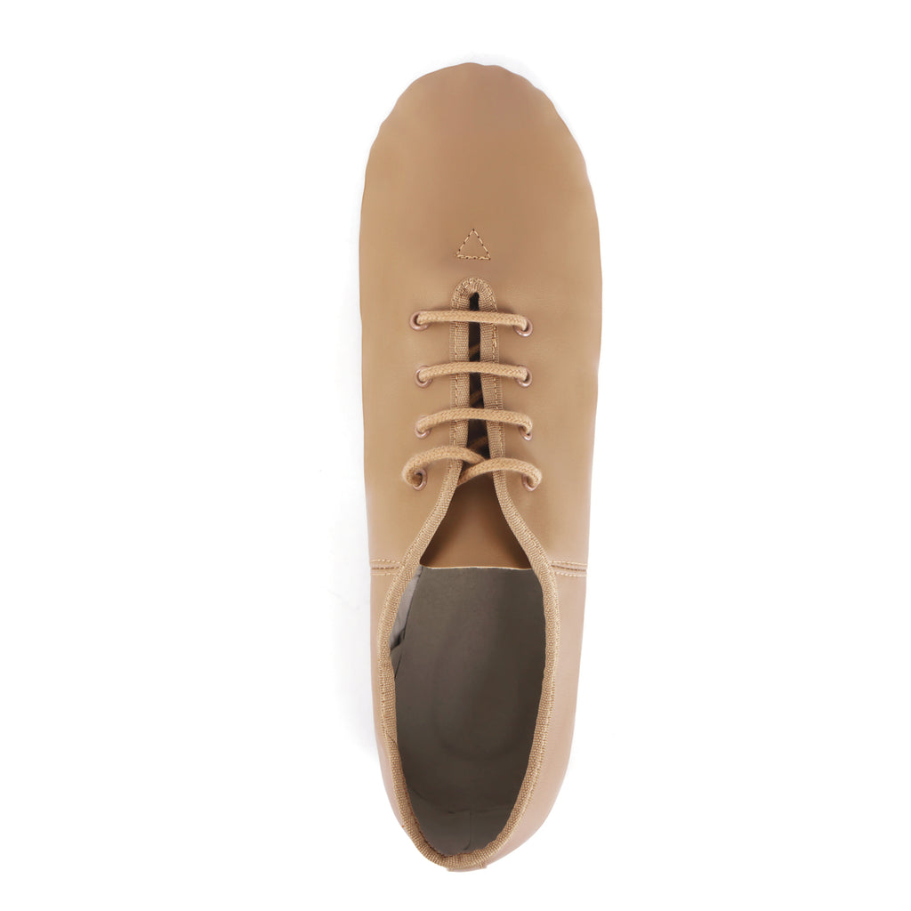 Top view of Linodes tan lace-up jazz shoes with PU leather upper