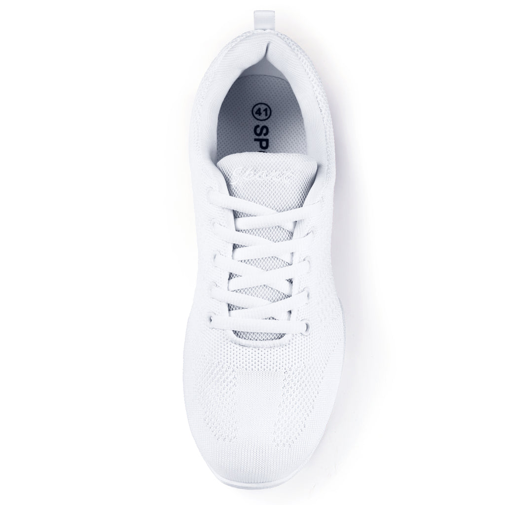 Top view of Linodes white cheer shoes designed for women dancers