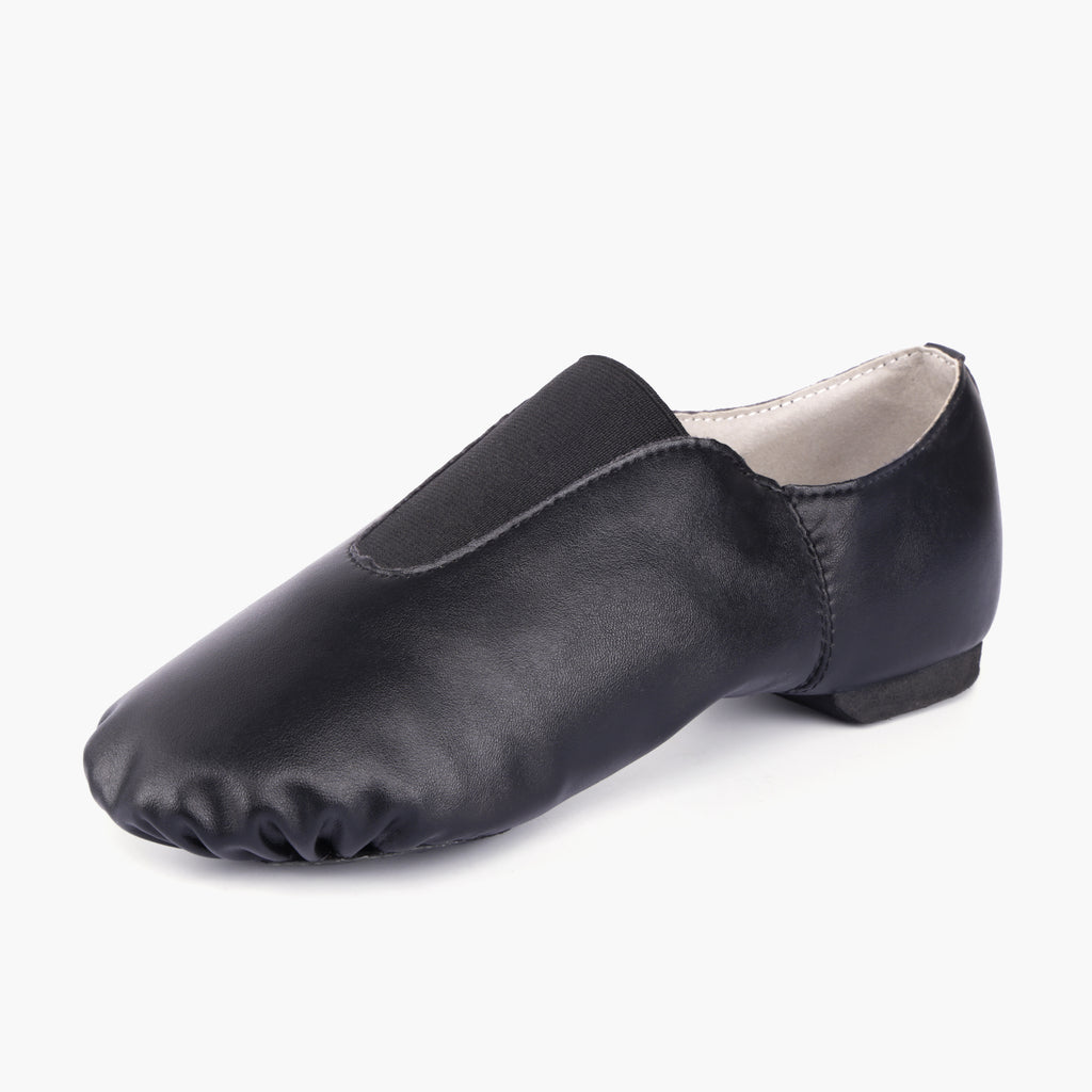 Angled view of Linodes women’s black PU leather slip-on split-sole jazz booties