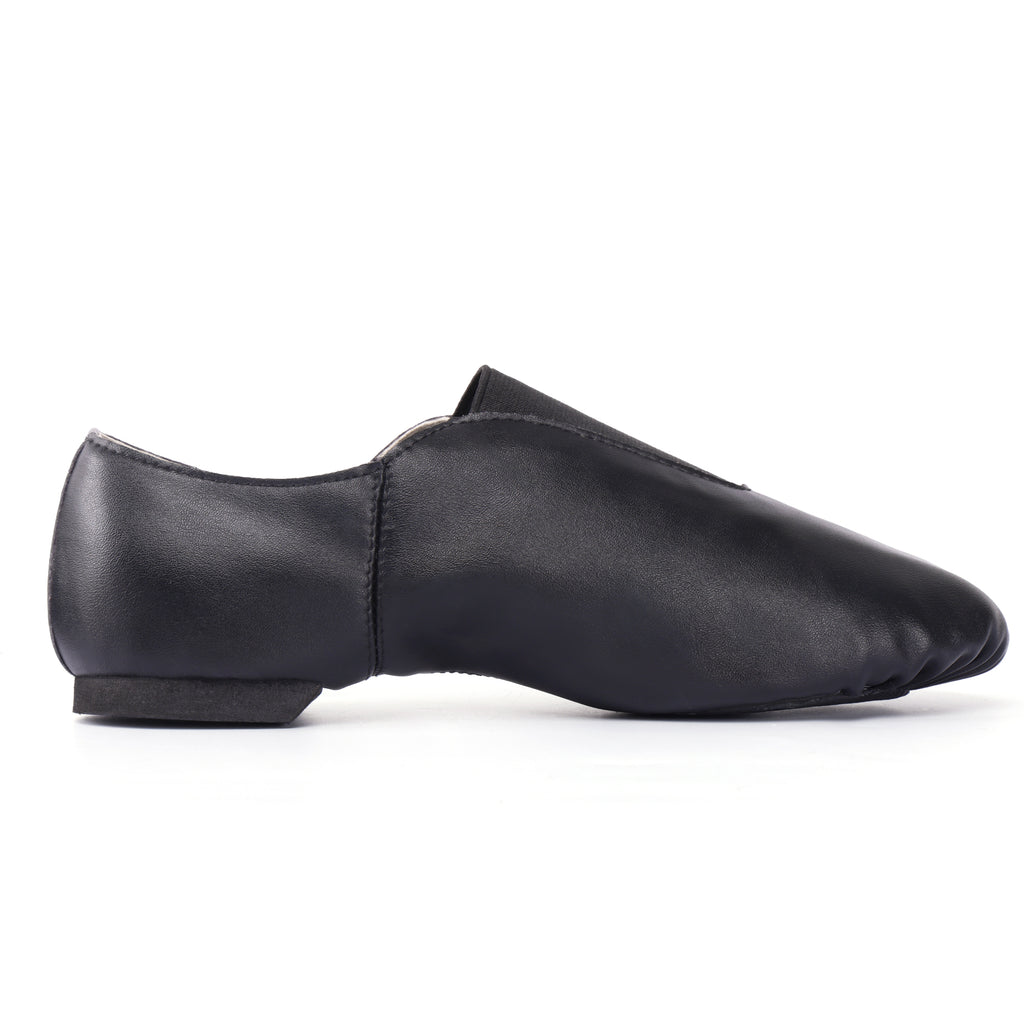 Side profile of Linodes women’s black PU leather split-sole jazz booties
