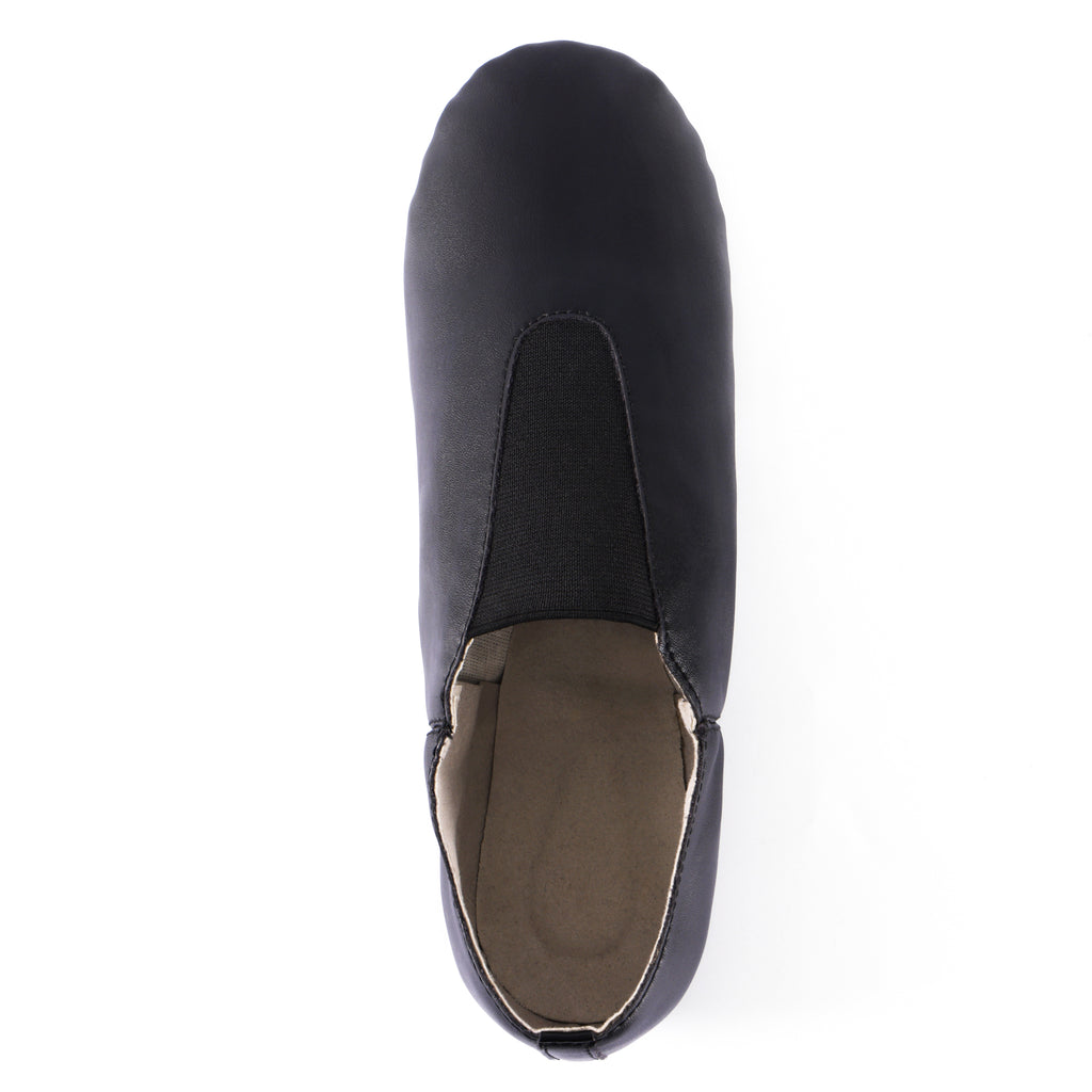 Top view showing elastic gore of Linodes women’s black PU leather jazz booties