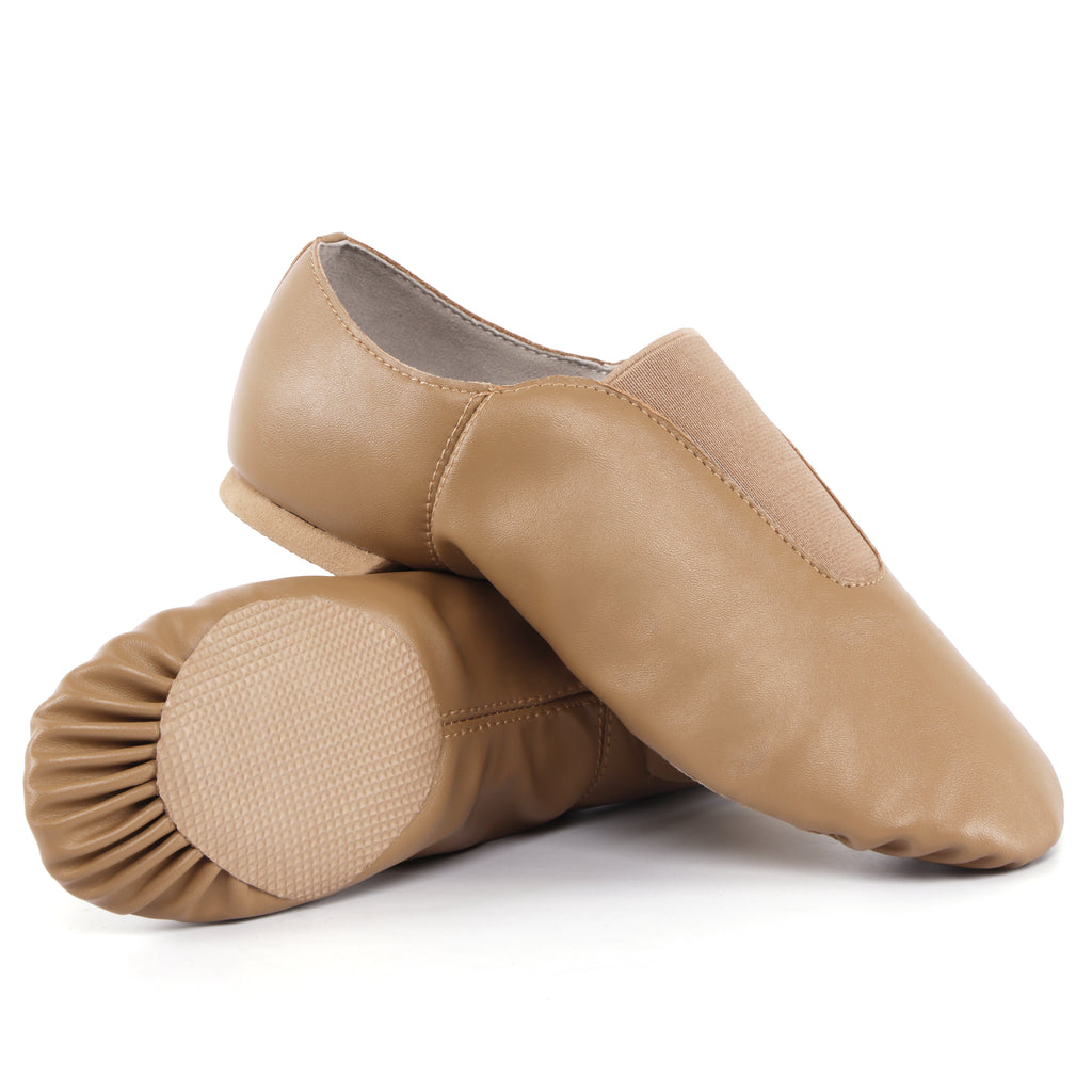 Pair of Linodes women’s tan PU leather slip-on split-sole jazz booties