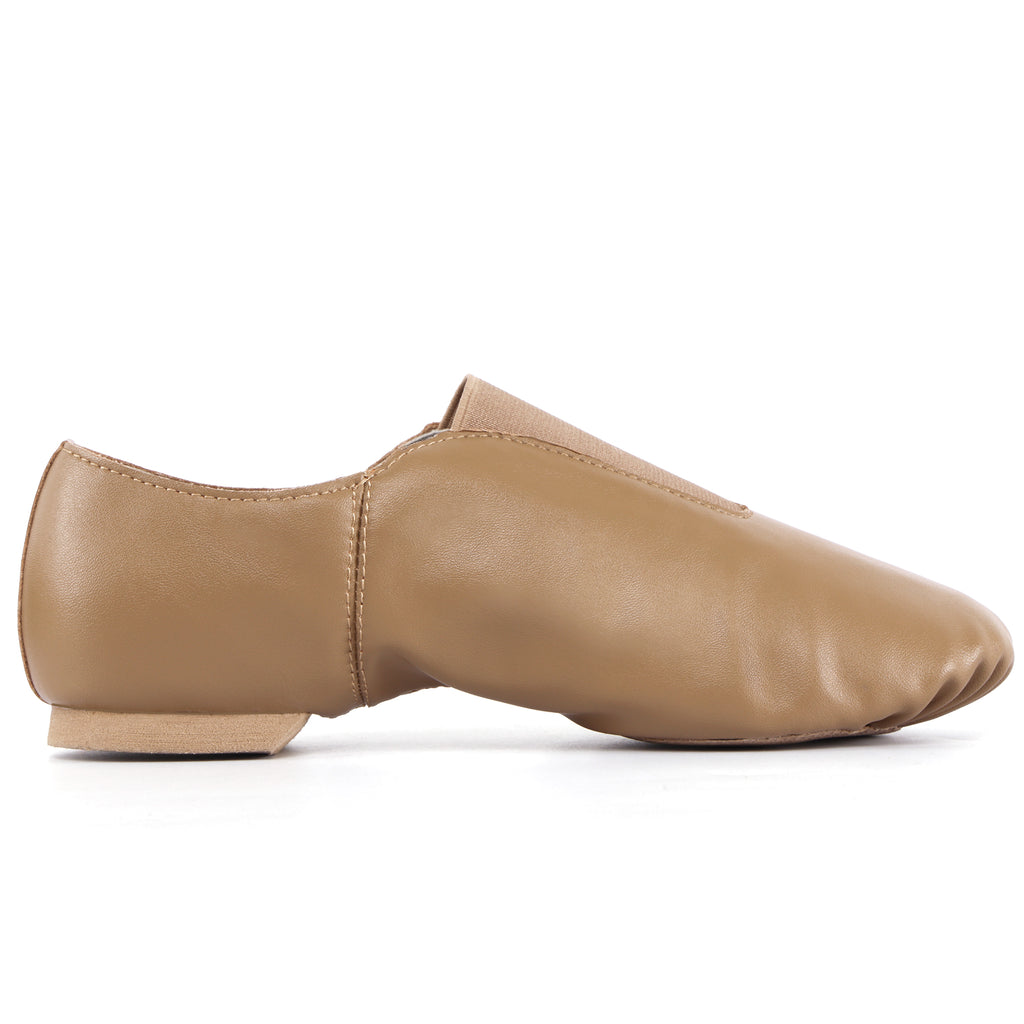 Side profile of Linodes women’s tan PU leather split-sole jazz booties