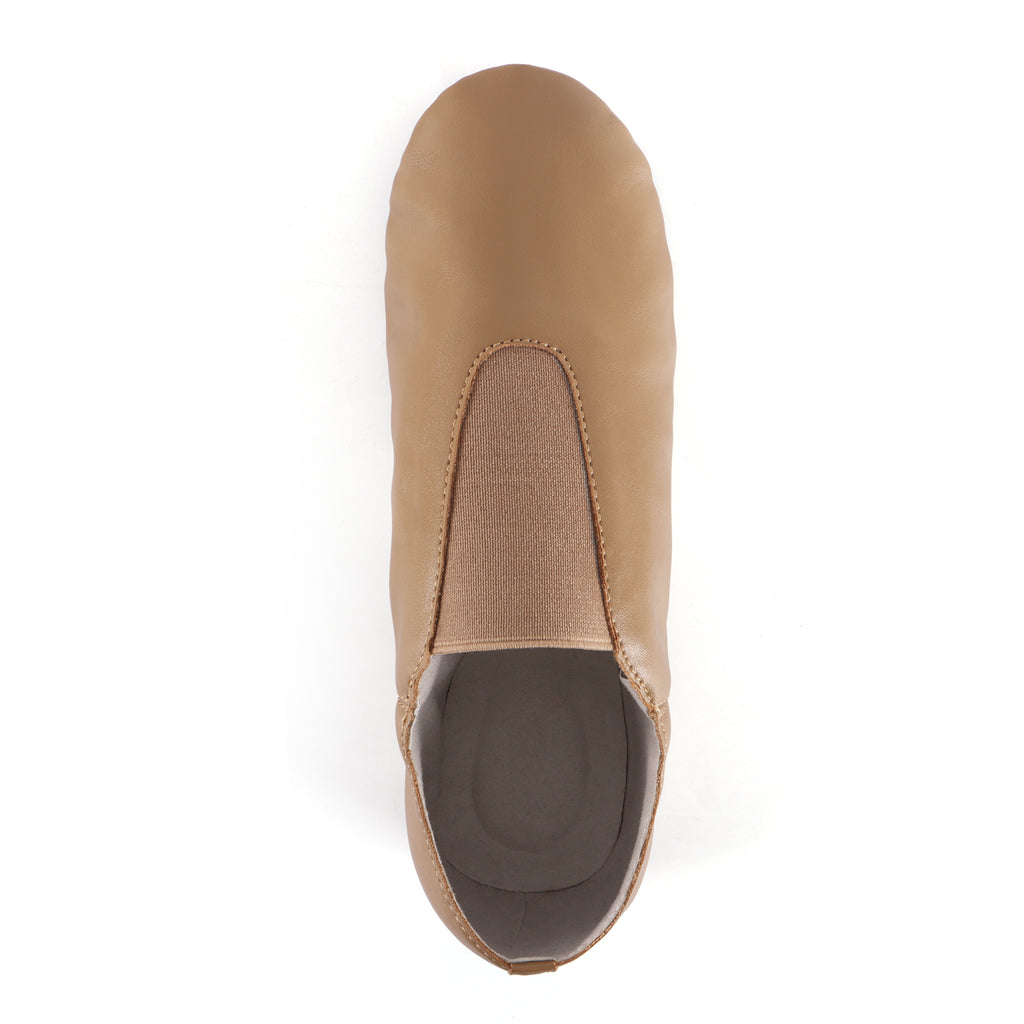 Top view showing elastic gore of Linodes women’s tan PU leather jazz booties